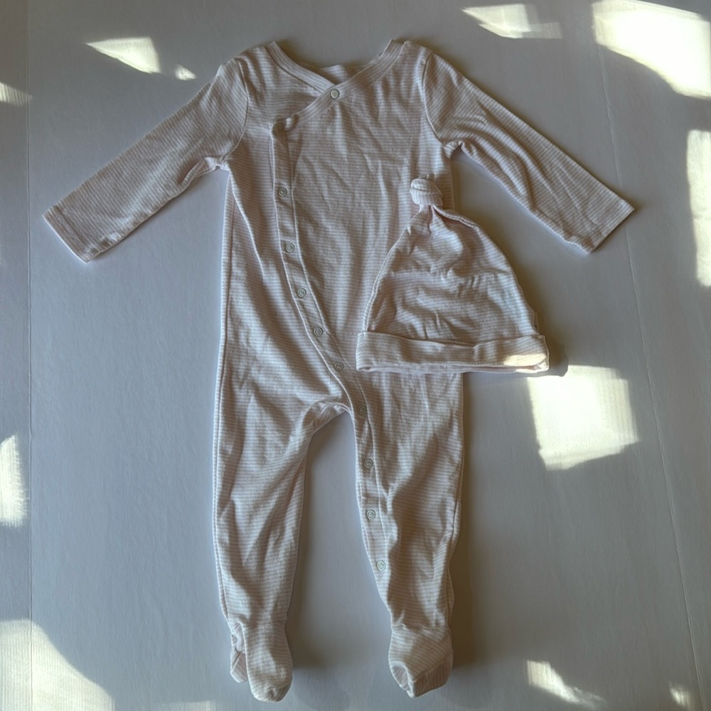 Burt’s Bee’s Baby, Marching Footie PJ Set w Hat, Blush Pink White Stripes, 6-9M